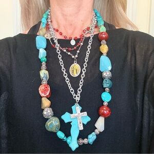 Turquoise Multi-Stone Cross Necklace - Women Jewelry